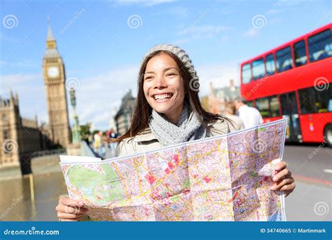 London Tourist Woman Sightseeing Holding Map Stock Image Image Of