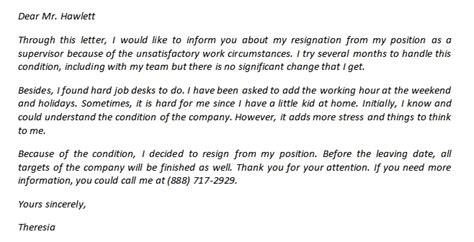 Resignation Letter Due To Unsatisfactory Work Circumstances To Get