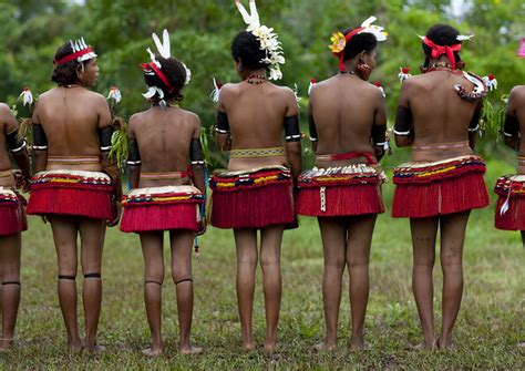 Portrait Of Topless Tribal Women In Traditional Clothing Milne Bay