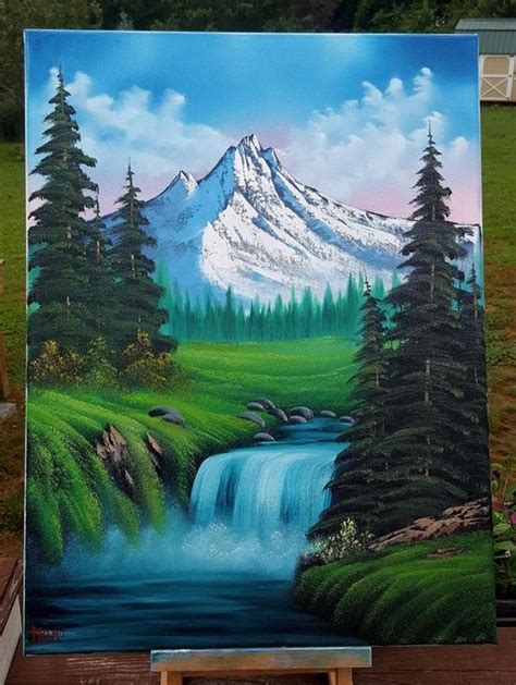 Bob Ross Style Mountain Waterfall Oil 18x24 Canvas Art Mountain