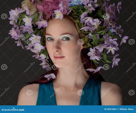 Beautiful Woman In Flower Headpiece Stock Image Image Of Attractive Headpiece 50916061