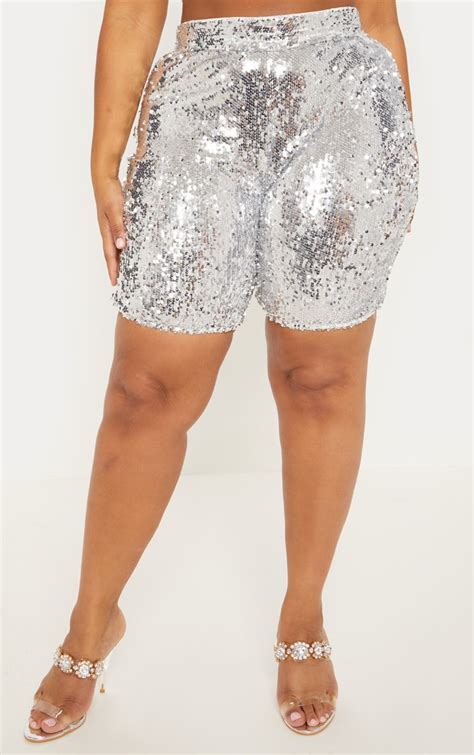 Silver Sequin Cycle Shorts Plus Size Prettylittlething Aus