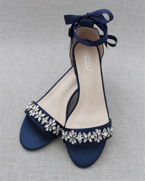 Navy Blue Satin Block Heel Sandals With Floral Rhinestones On Upper St