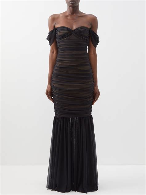 Black Walter Sweetheart Neck Ruched Tulle Fishtail Dress Norma Kamali