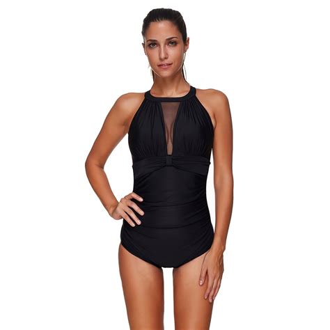 Plus Size Mesh One Piece Swimsuits Women 2018 New See Through Black