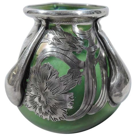 Alvin Art Nouveau Iridescent Green Glass Silver Overlay Bud Vase For Sale At 1stdibs