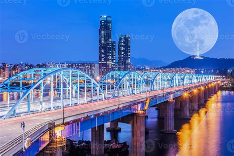 Koreaseoul At Night South Korea City Skyline At Dongjak Bridge Han