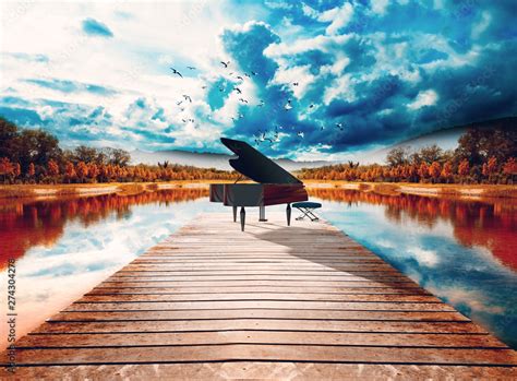 Piano En La Naturalezapaisaje Surreal De Arboles Y Lagoconcepto De