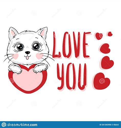 Hand Drawn Cute Cat Red Hearts And Text Love You Cartoon Character