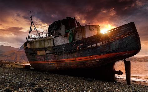 Abandoned Boat Coast Sea Sunset Hd Wallpaper Peakpx