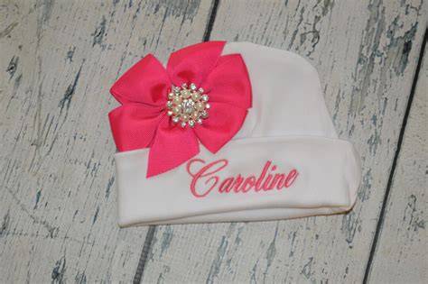Personalized Newborn Baby Girl Hat With Bow And Rhinestone Etsy