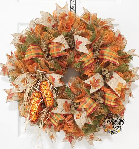 Festive Autumn Fall Indian Corn Burlap Ruffle Deco Mesh Wreath 109