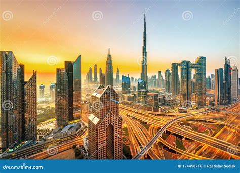 Amazung Dubai City Center Skyline At Sunset United Arab Emirates Stock