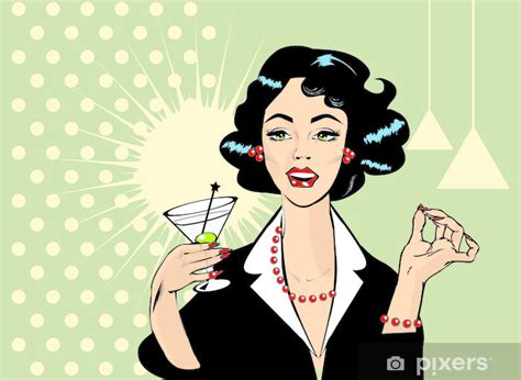 Wall Mural Woman Drinking Martini Or Cocktail Retro Vintage Clipart