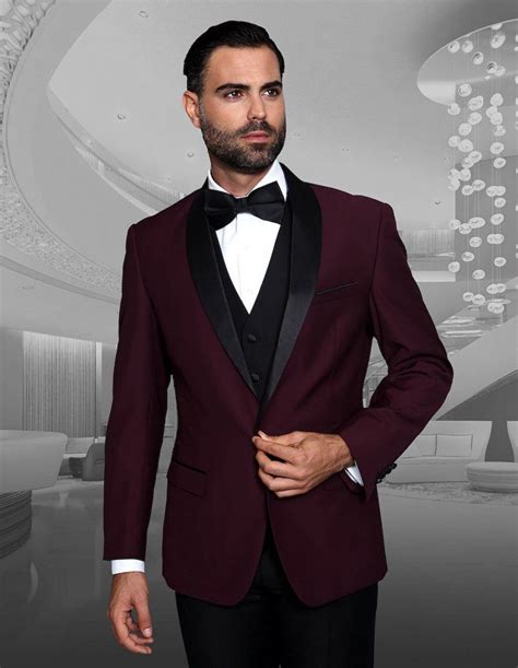 Mens Vested Wool Shawl Lapel Tuxedo In Burgundy In Wedding Suits
