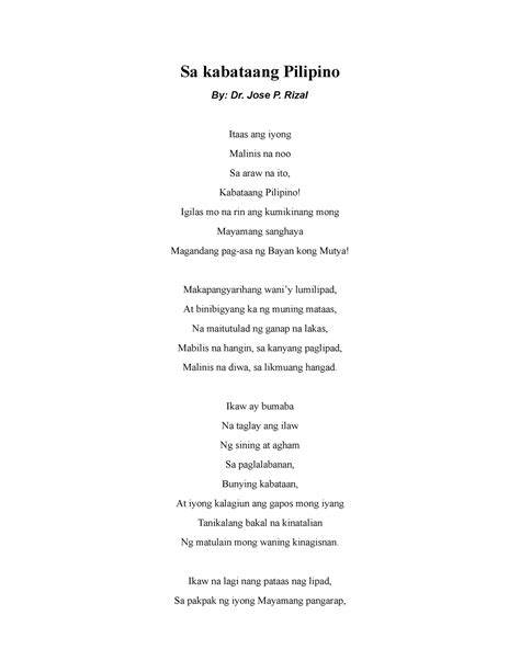 Sa Kabataang Pilipino A Poem Written By Dr Jose P Rizal Sa