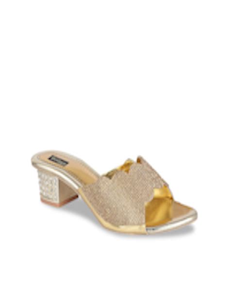 Buy Shoetopia Women Muted Gold Toned Embellished Block Heels Heels