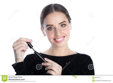Beautiful Young Woman Smiling And Holds Mascara Stock Image Image Of