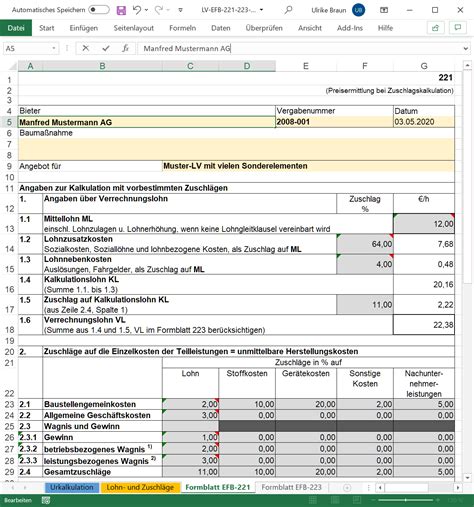 Teilleistung oz des lv teilkosten einschl. gaeb-online: Excel EFB 221 und 223 für GAEB-Online 2021