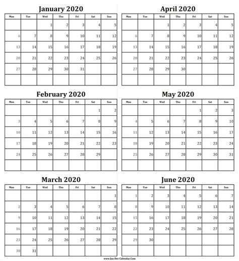 Dashing 6 Month Blank Calendar 2020 Interactive Calendar Calendar