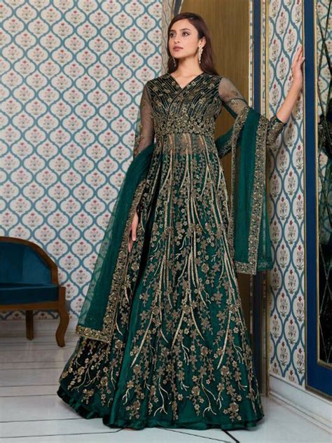 Anarkali Suits Green Net Embroidered Pakistani Wedding Salwar Kameez Dupatta Ebay Net Gowns