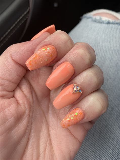 Beautiful Acrylic Peach Sparkle Nails For Spring Nails Sparkle Nails Peach