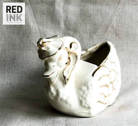 Vintage Ceramic Swan Planter With Gold Accents Succulent Pot Etsy