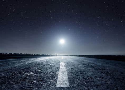 Nature Landscape Starry Night Moon Road Asphalt Moonlight
