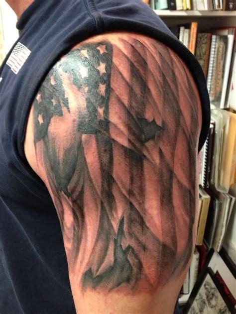 Left Half Sleeve Torn American Flag Tattoo For Men Pin Up Girl Tattoo