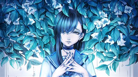Download Wallpaper 1920x1080 Girl Anime Sadness Leaves Art Full Hd