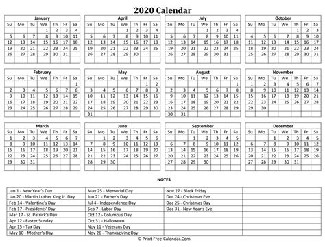 2020 Monthly Calendar With Holidays Template
