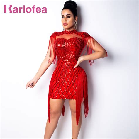 Karlofea Women Fashion Sequin Birthday Party Dress Chic Tassel Fringe