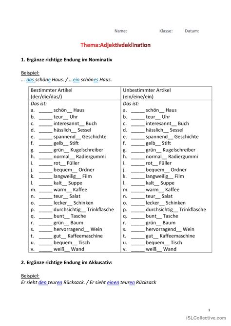 Adjektivdeklination im Nominativ und Deutsch DAF Arbeitsblätter pdf doc