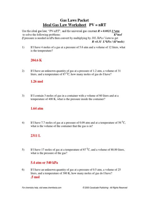 Gas Laws Packet Ideal Gas Law Worksheet PV NRT PDF Gases Worksheets Library