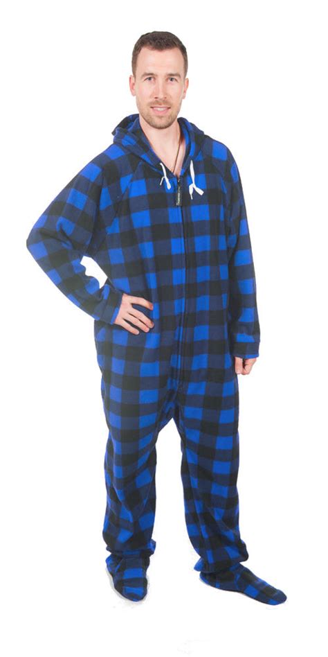 Blue Buffalo Plaid Footed Deluxe Fleece Pjs Uni Sex Onesie Footie Pajamas Plaid Pajama