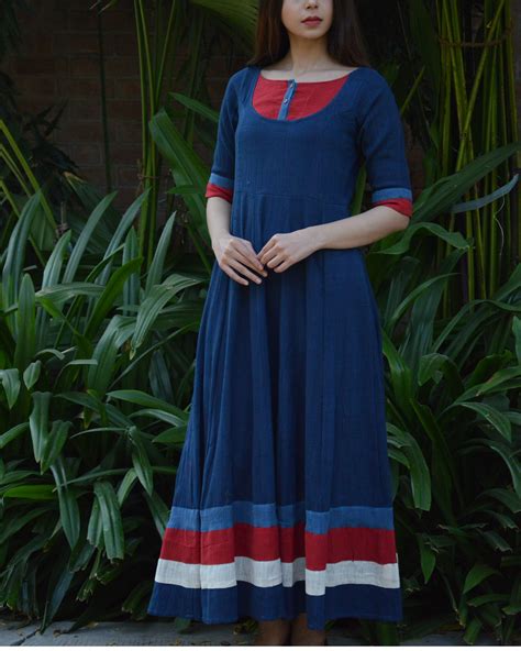 Indigo Flared Maxi With Red Yoke And Borders By Silai The Secret Label
