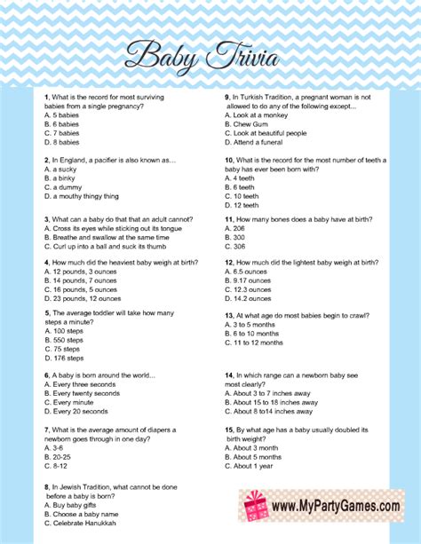 Free Printable Baby Shower Trivia Game In Blue Color Baby Facts Baby