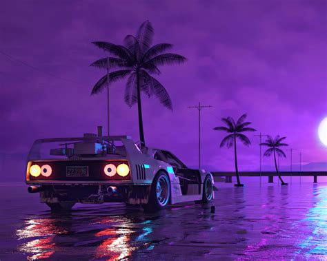 1280x1024 Resolution Retro Wave Sunset And Running Car 1280x1024