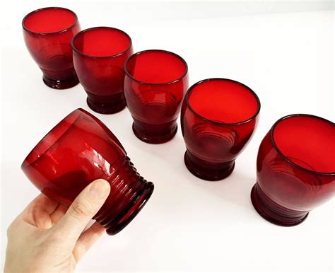 Vintage Set 6 Ruby Red Drinking Glasses Ribbed Glass Beehive Rings Hand Blown Tumblers Penny