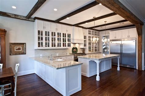 White accent chairs in a minimalist room with wood beamed ceilings. White Kitchen with Beamed Ceiling - Traditional - Kitchen ...
