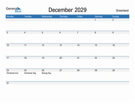 Editable December 2029 Calendar With Greenland Holidays