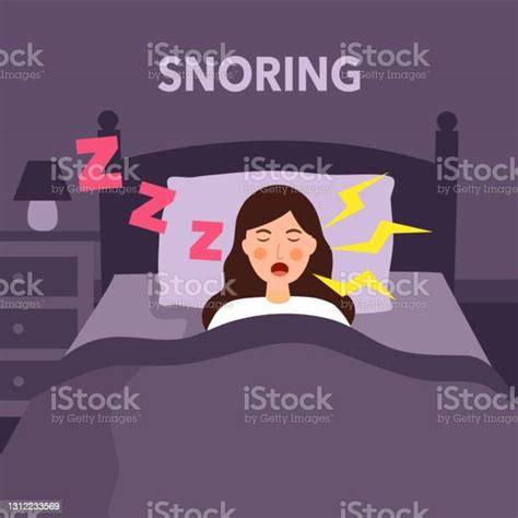 Woman Sleeping And Snoring Loud Noise In Bedroom In Flat Design Snore