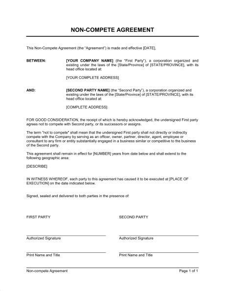 Non Compete Agreement Sample Form Free Printable Documents