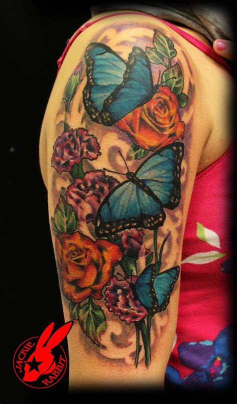 Blue Butterfly Flower Tattoo By Jackie Rabbit Half