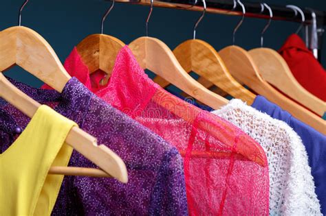Colorful Womens Clothes On Hangers On Rack In Fashion Store Wom Stock