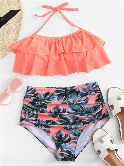 Palm Print Ruffle Bikini Set Shein Sheinside Girls My Xxx Hot Girl