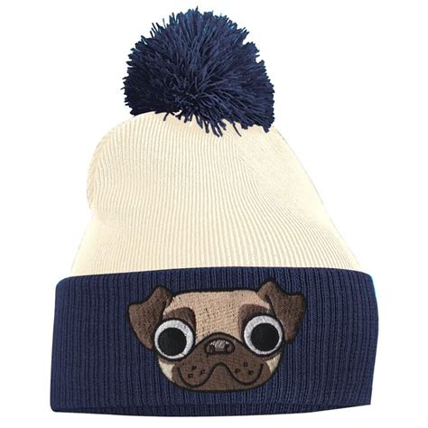 Pug Face Cute Dog Animal Embroidered Bobble Pom Pom Beanie Hat Logo
