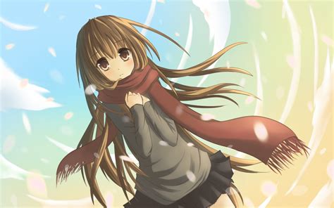 Brunette Haired Female Anime Character Wearing Red Scarf Hd Wallpaper Wallpaper Flare