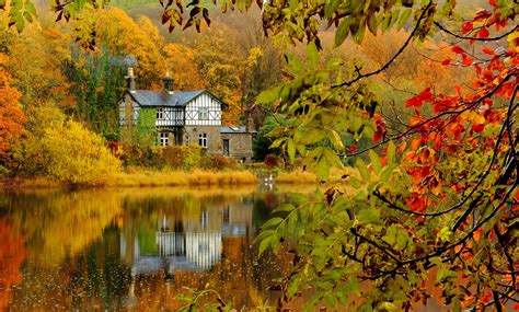 Autumn Fall Landscape Nature Tree Forest Leaf Leaves House Lake Reflection Wallpaper 2048x1235