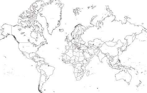 35 X 22 Inch Black And White World Map Mercator Projection